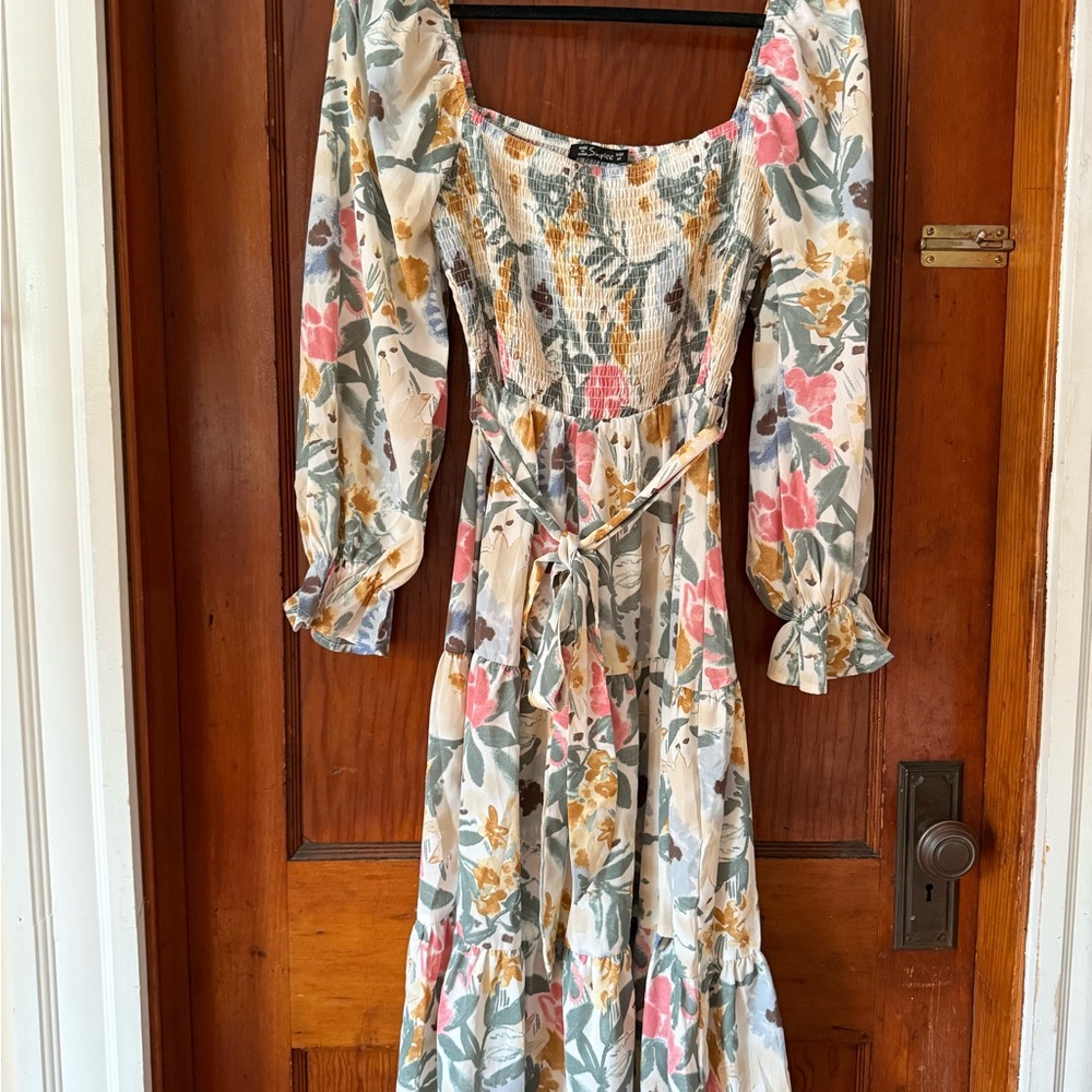 Simple Multicolor Floral Long Sleeve Dress